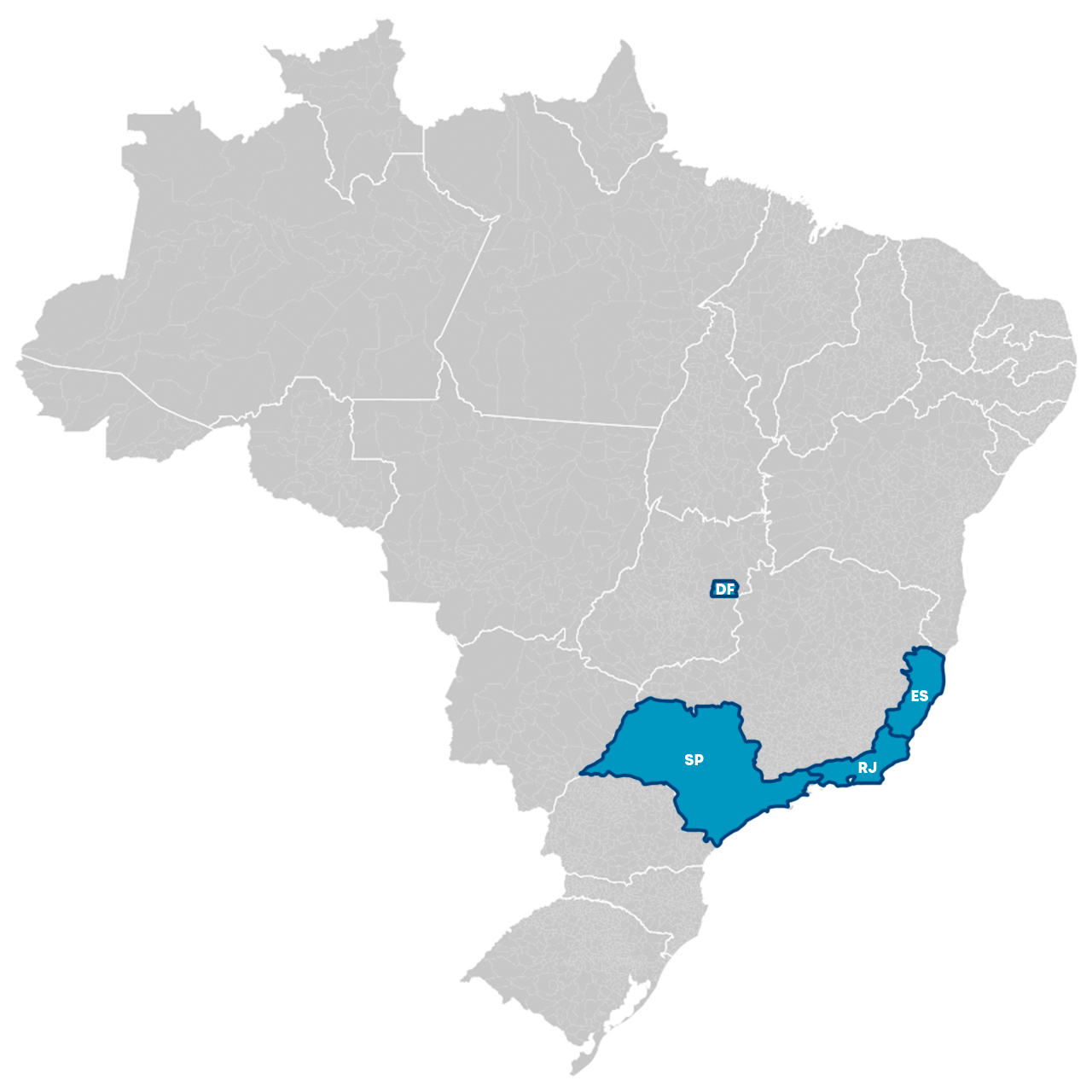 Mapa do Brasil com os estados atendidos pela Temp Air em destaque: Rio de Janeiro, Espírito Santo, São Paulo e Distrito Federal